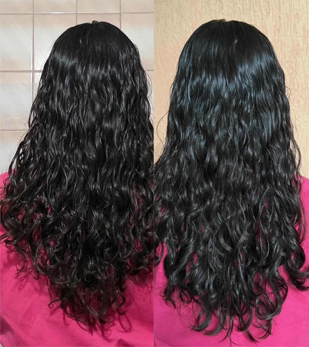 Antes y después con A57: cabello largo ondulado con brillo y definición