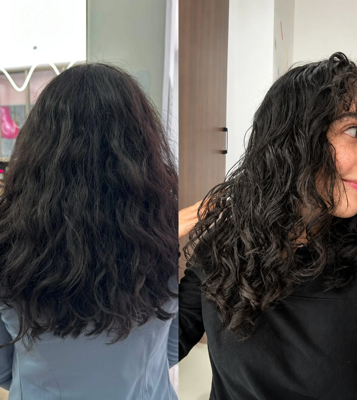 Antes y después con A57: ondas largas con menos frizz y más definición