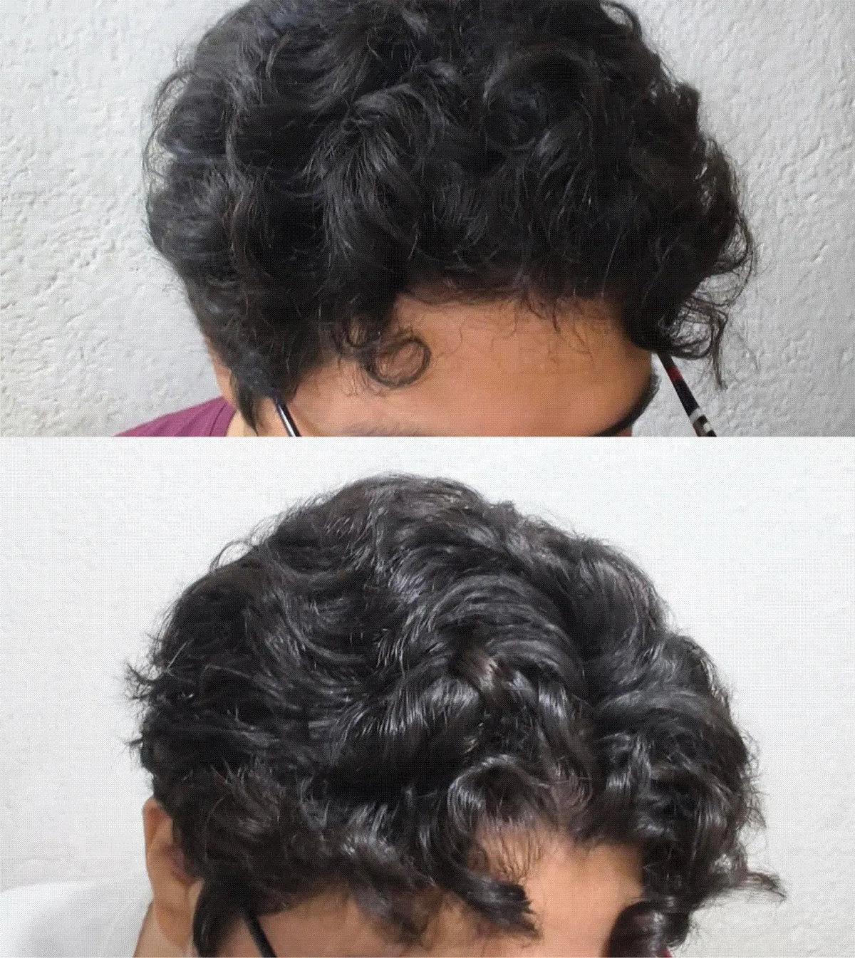 Antes y después con A57: rizos cortos más definidos y con menos frizz